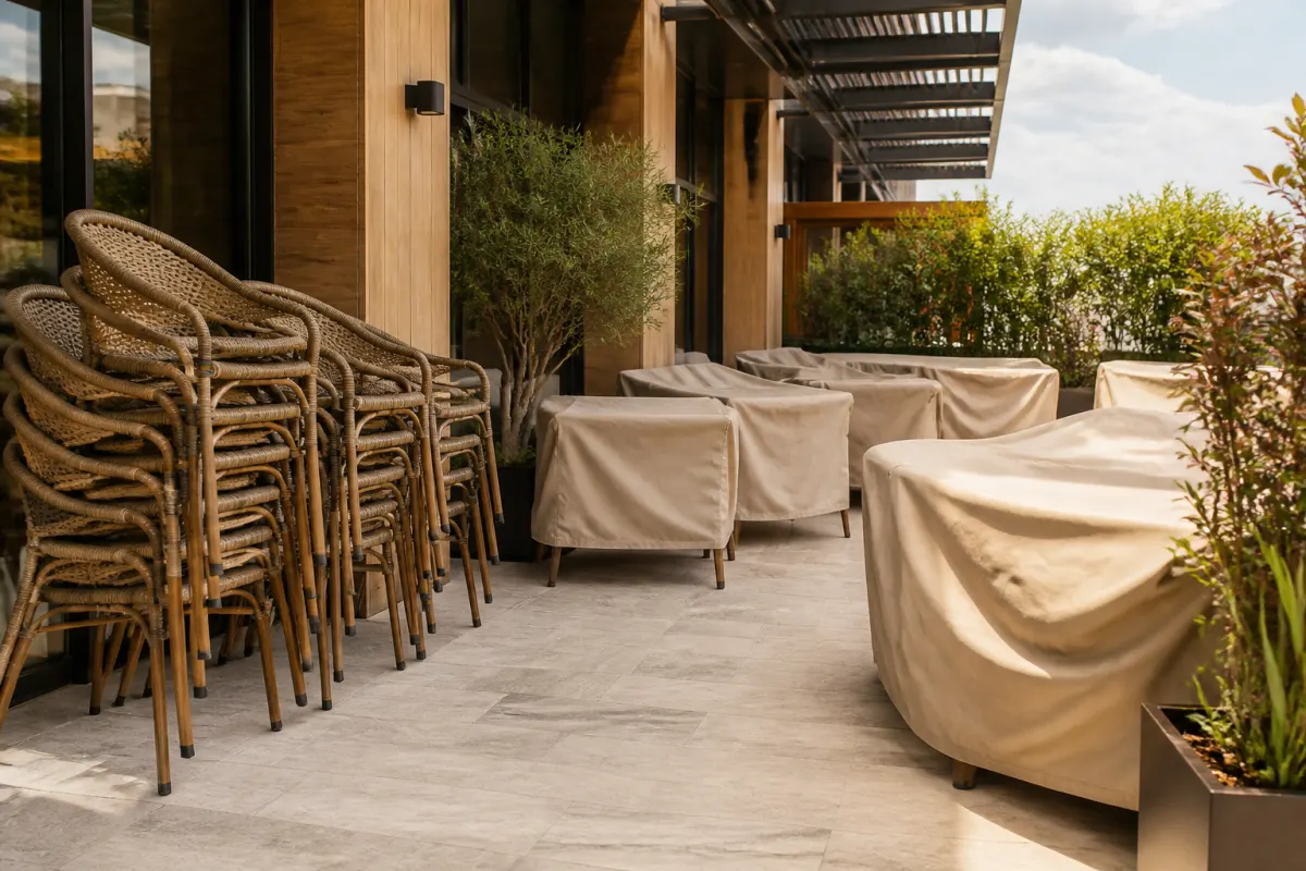 Stacked outdoor chairs and covered patio furniture staged for the season on a clean terrace