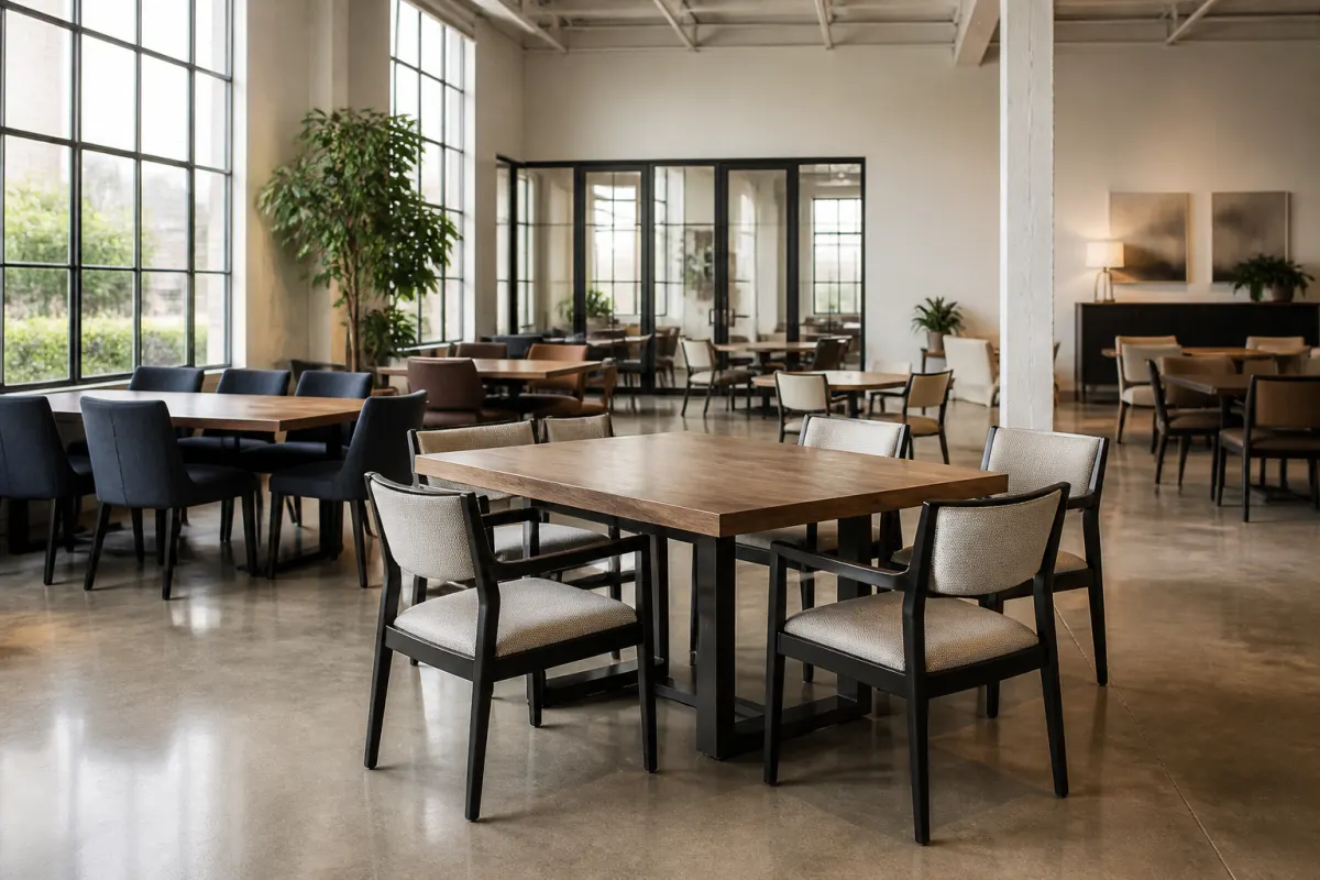 Sturdy commercial grade dining chairs and tables in a hospitality showroom loft, even daylight, editorial styling