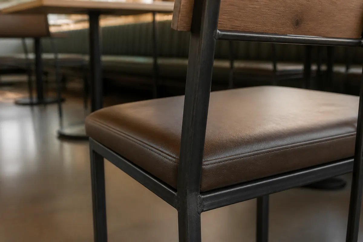 Detail angle of a welded metal chair frame and upholstered seat in a commercial dining room setting