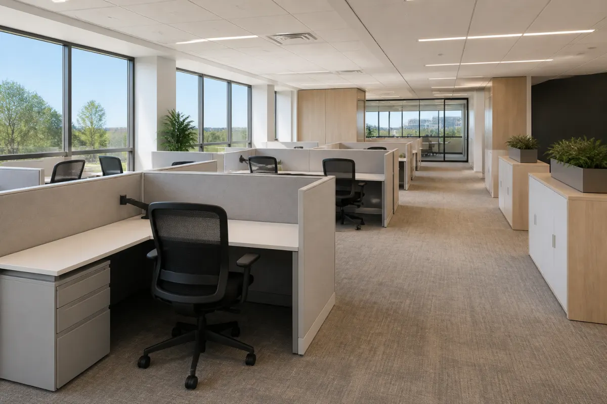 Modern open office with clean cubicle workstations, low panels and task chairs, bright even daylight