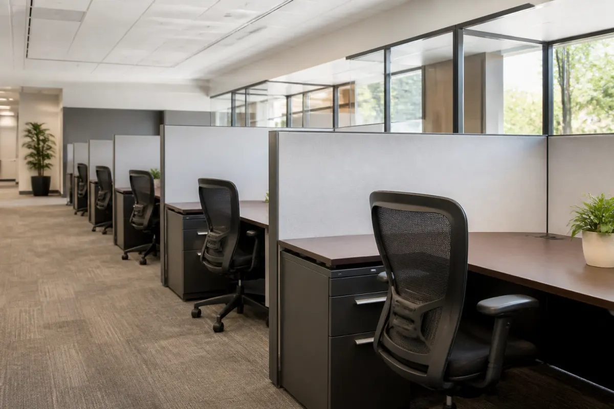 Angled row of office cubicles with generic desks and ergonomic chairs, tidy and unoccupied