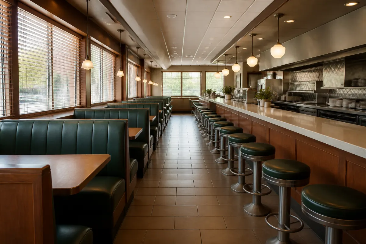 Angled view down a diner aisle between booths and the counter, clean and empty