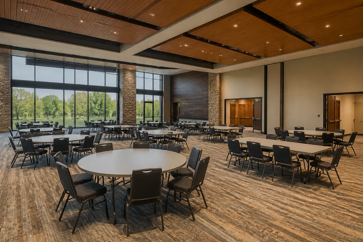 Flexible event venue hall with mixed round and rectangular tables and stacking chairs, tall ceilings, wide shot