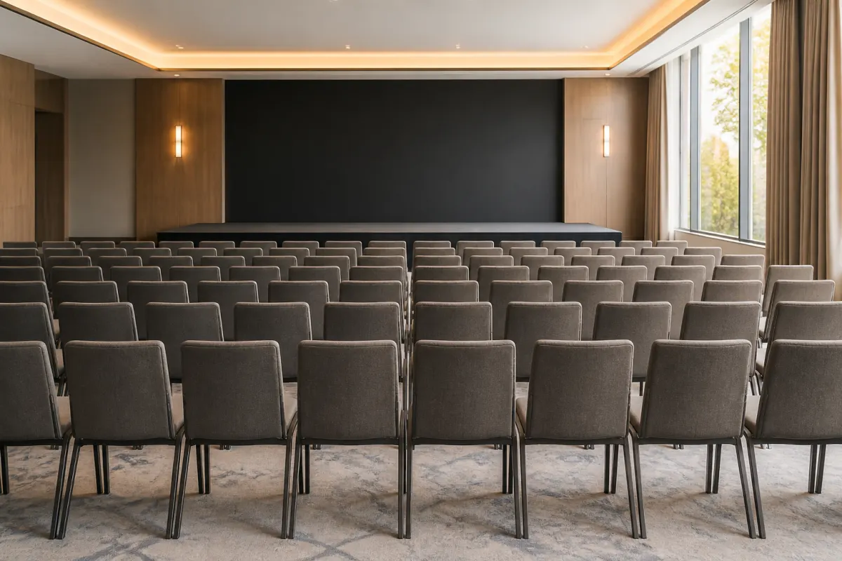 Event space reset between functions, chairs ganged in rows facing a stage, seen from the back of the room