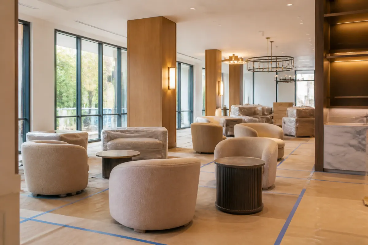 Hotel space mid furniture installation, new seating pieces staged on protective floor covering, orderly and bright