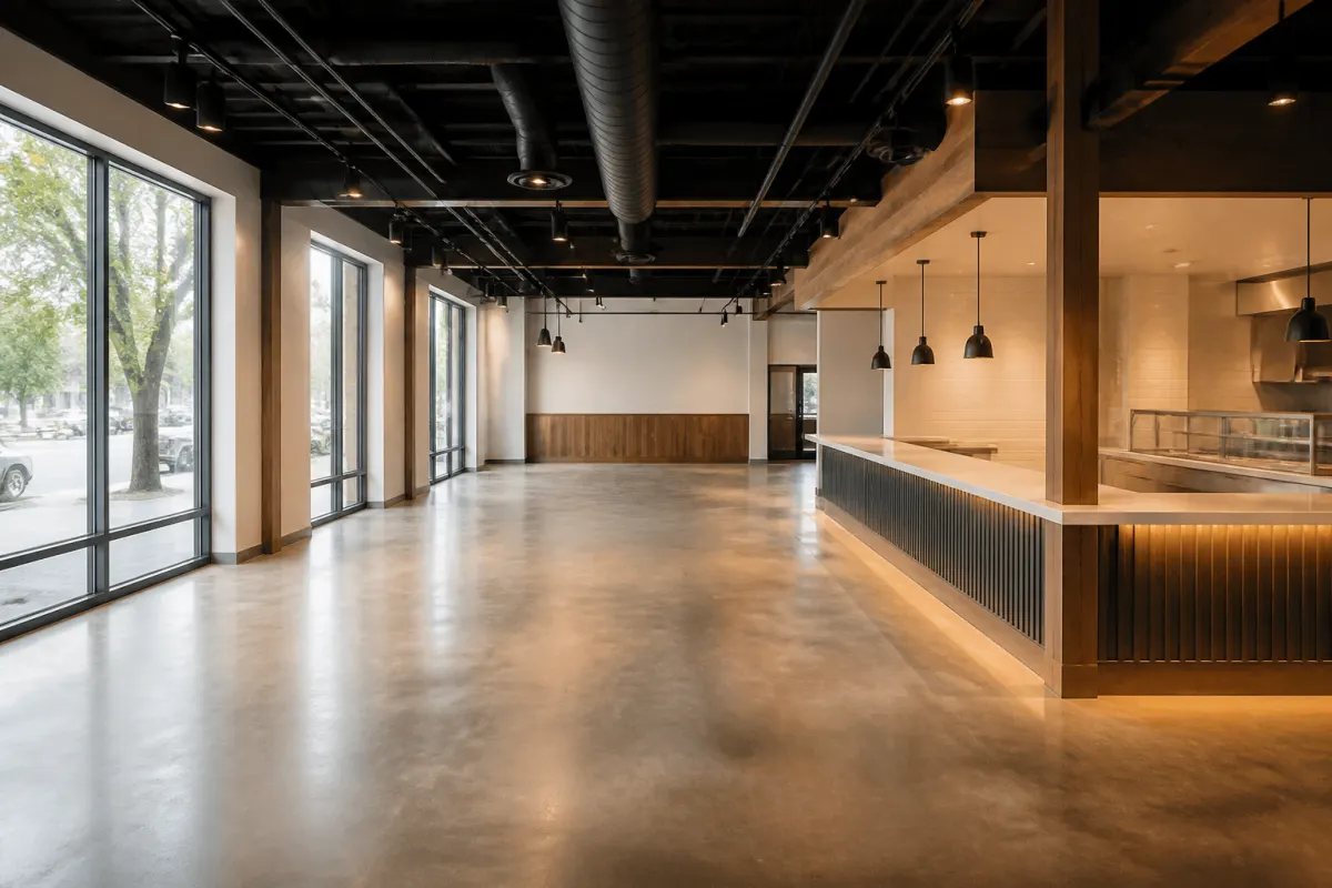 Empty new build restaurant interior awaiting furniture, fresh finishes and clean concrete floor, wide shot