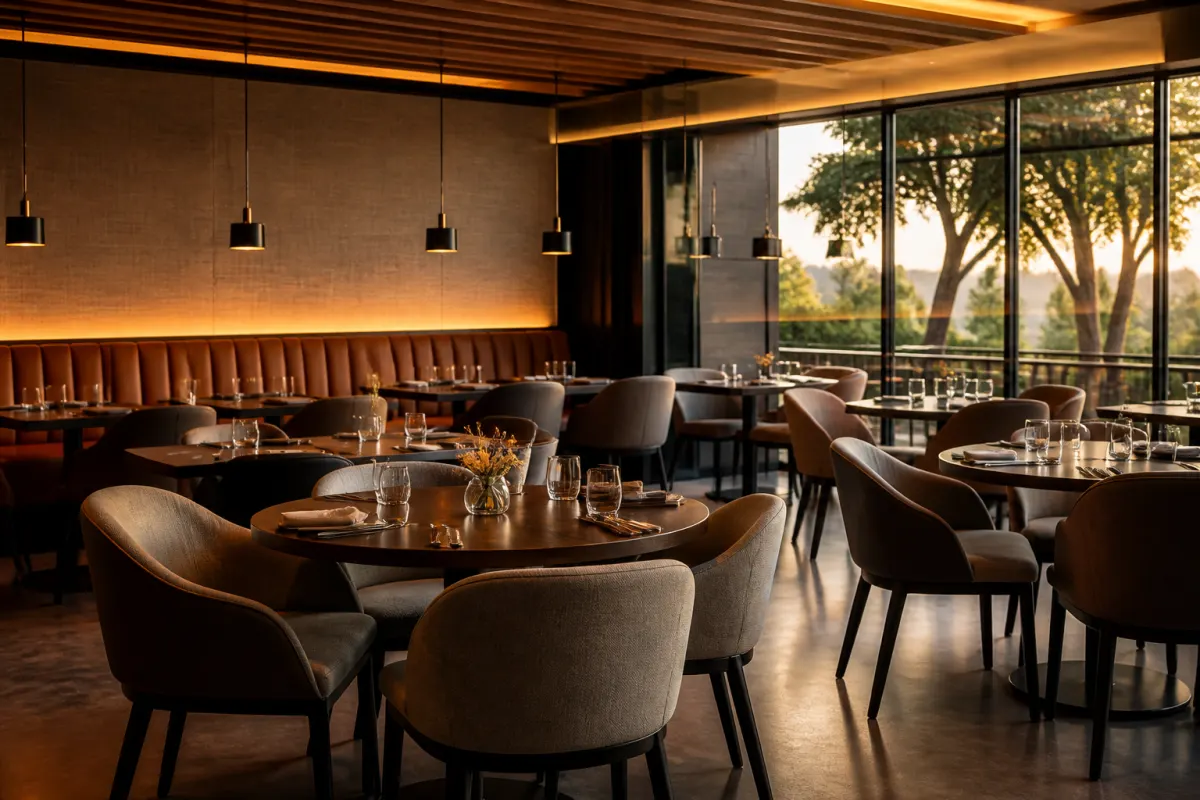 Warm modern restaurant dining room with commercial tables and upholstered chairs, evening editorial light