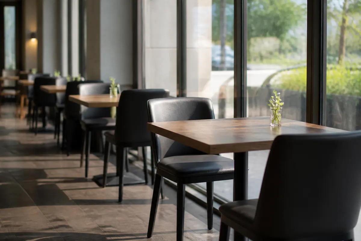 Window side dining tables with generic commercial chairs, soft daylight, shallow depth of field