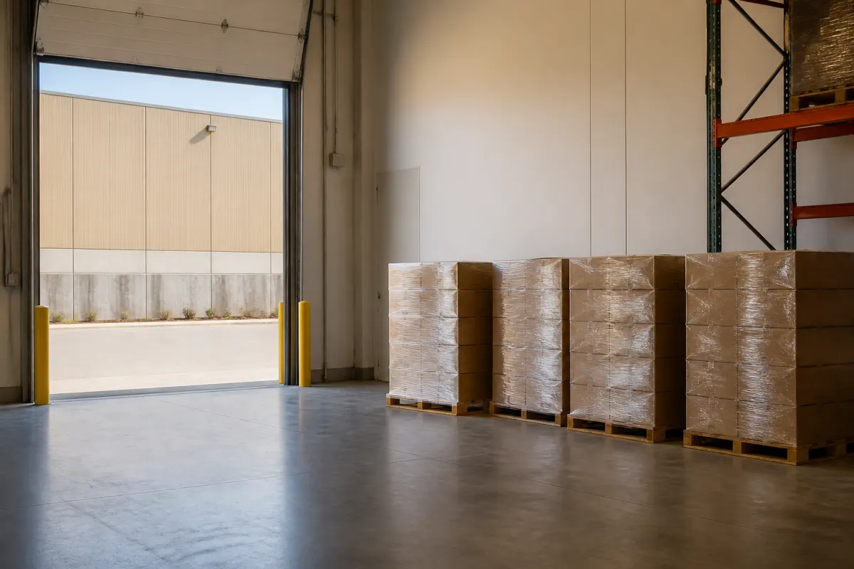 Loading dock of a distribution warehouse with a few wrapped pallets staged neatly by the open bay door
