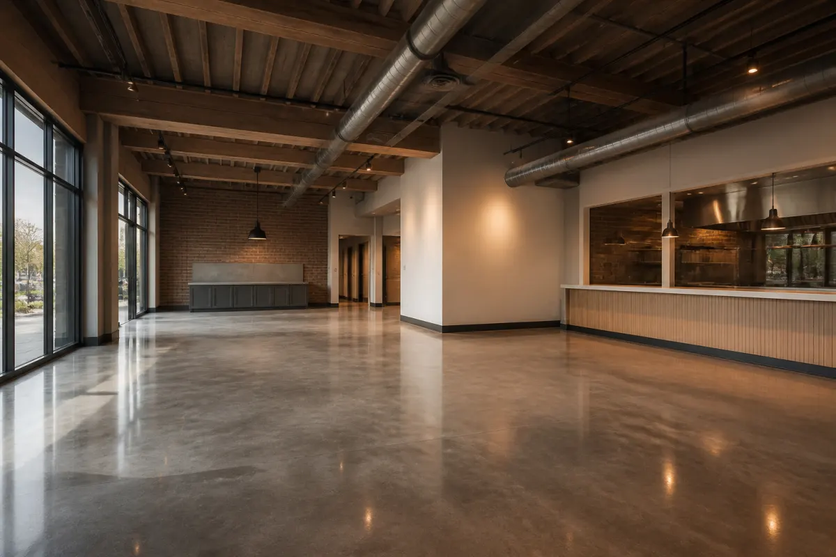 Empty new build restaurant interior awaiting furniture, fresh finishes and clean concrete floor, wide shot