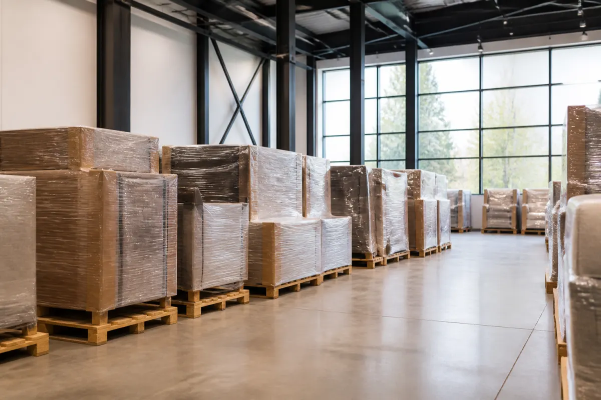 Clean commercial warehouse with shrink wrapped furniture on pallets in orderly rows, bright even light, no readable labels