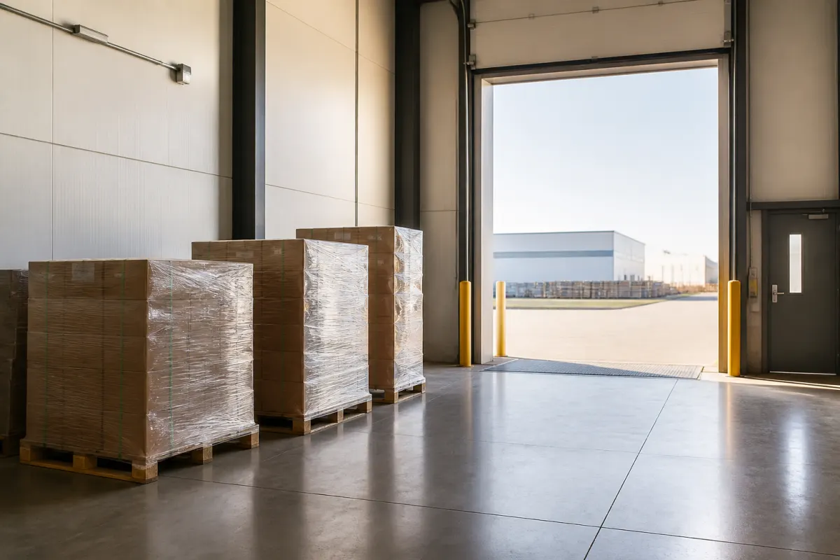Loading dock of a distribution warehouse with a few wrapped pallets staged neatly by the open bay door