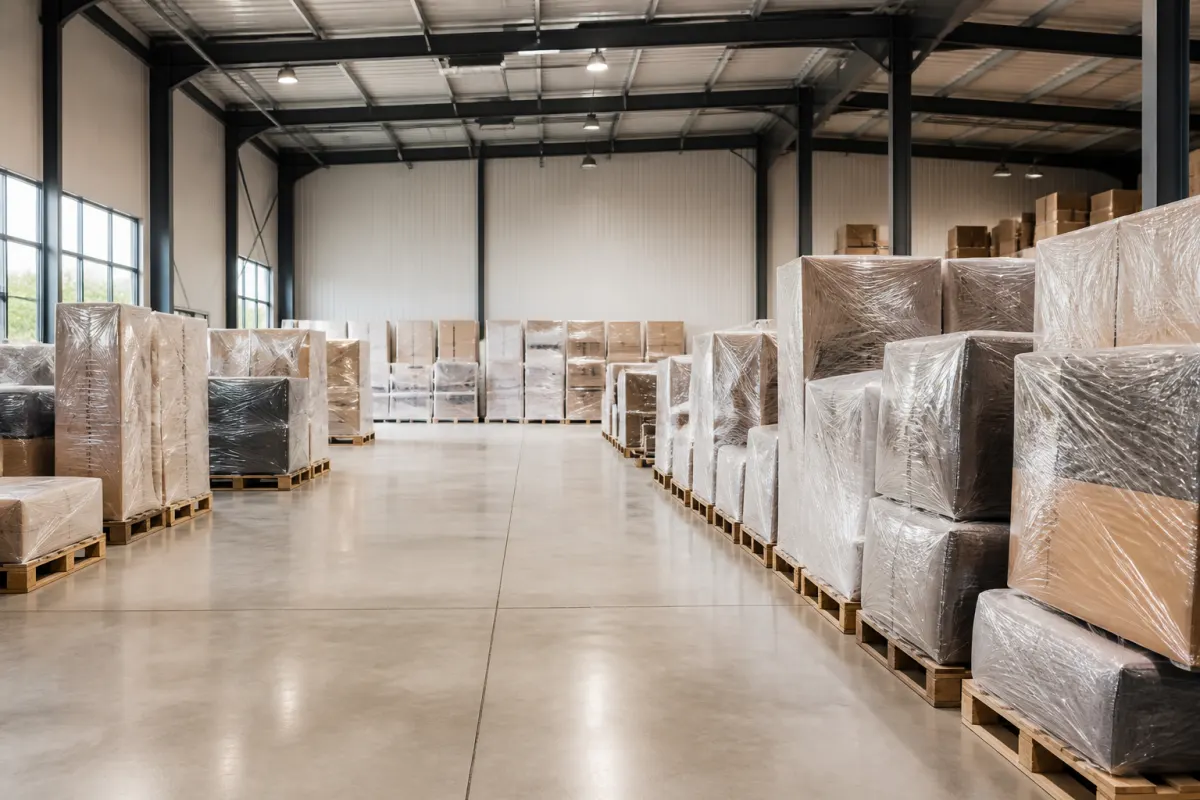 Clean commercial warehouse with shrink wrapped furniture on pallets in orderly rows, bright even light, no readable labels