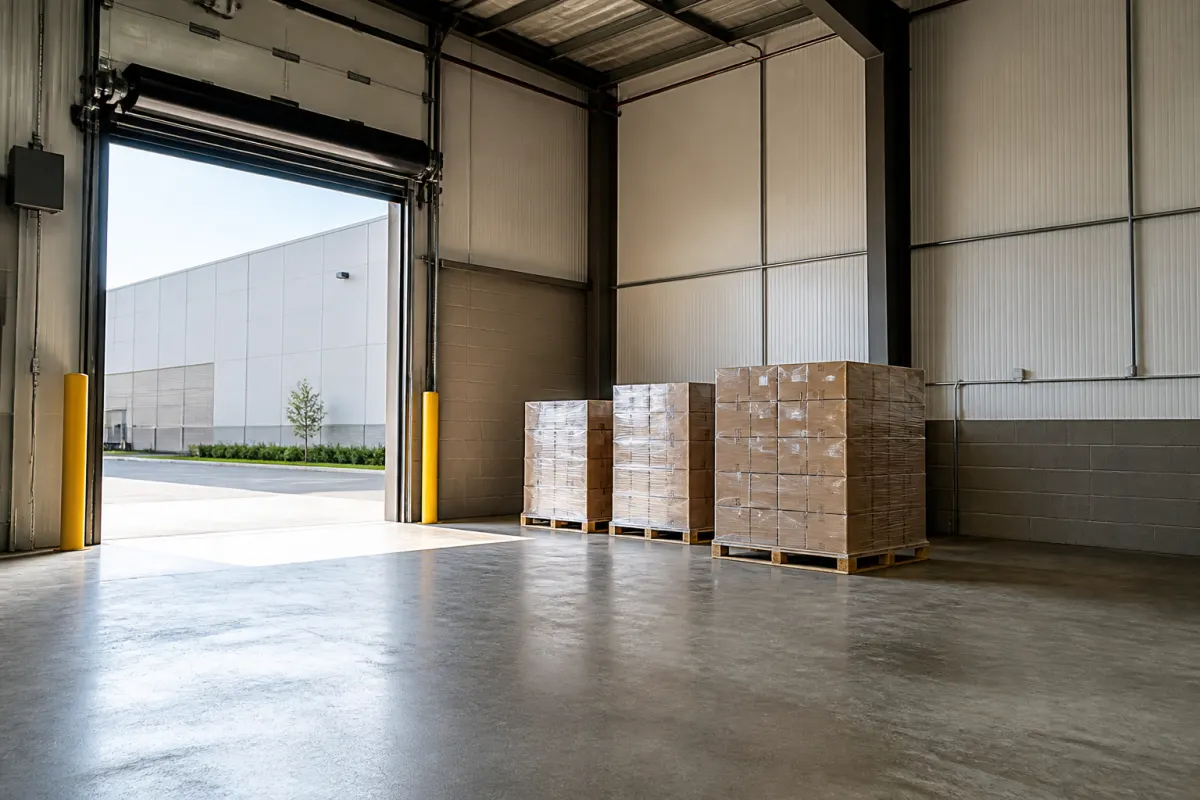 Loading dock of a distribution warehouse with a few wrapped pallets staged neatly by the open bay door