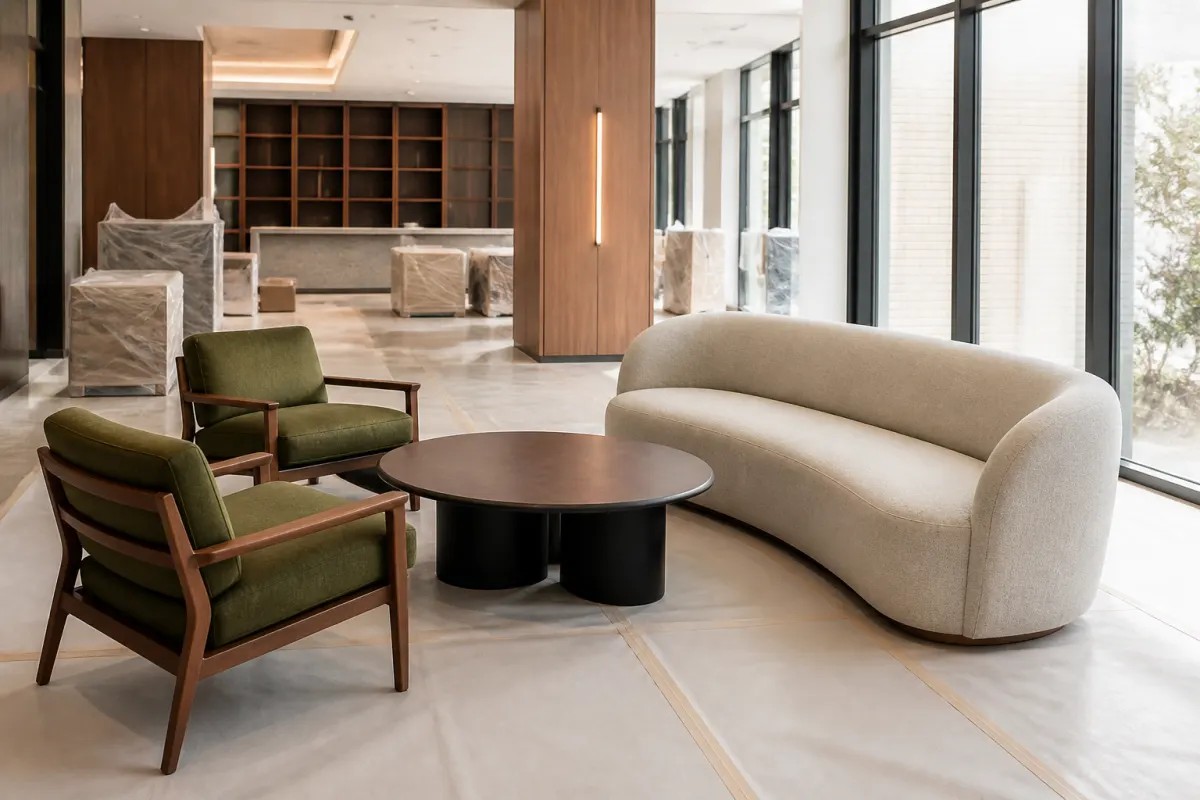 Hotel space mid furniture installation, new seating pieces staged on protective floor covering, orderly and bright