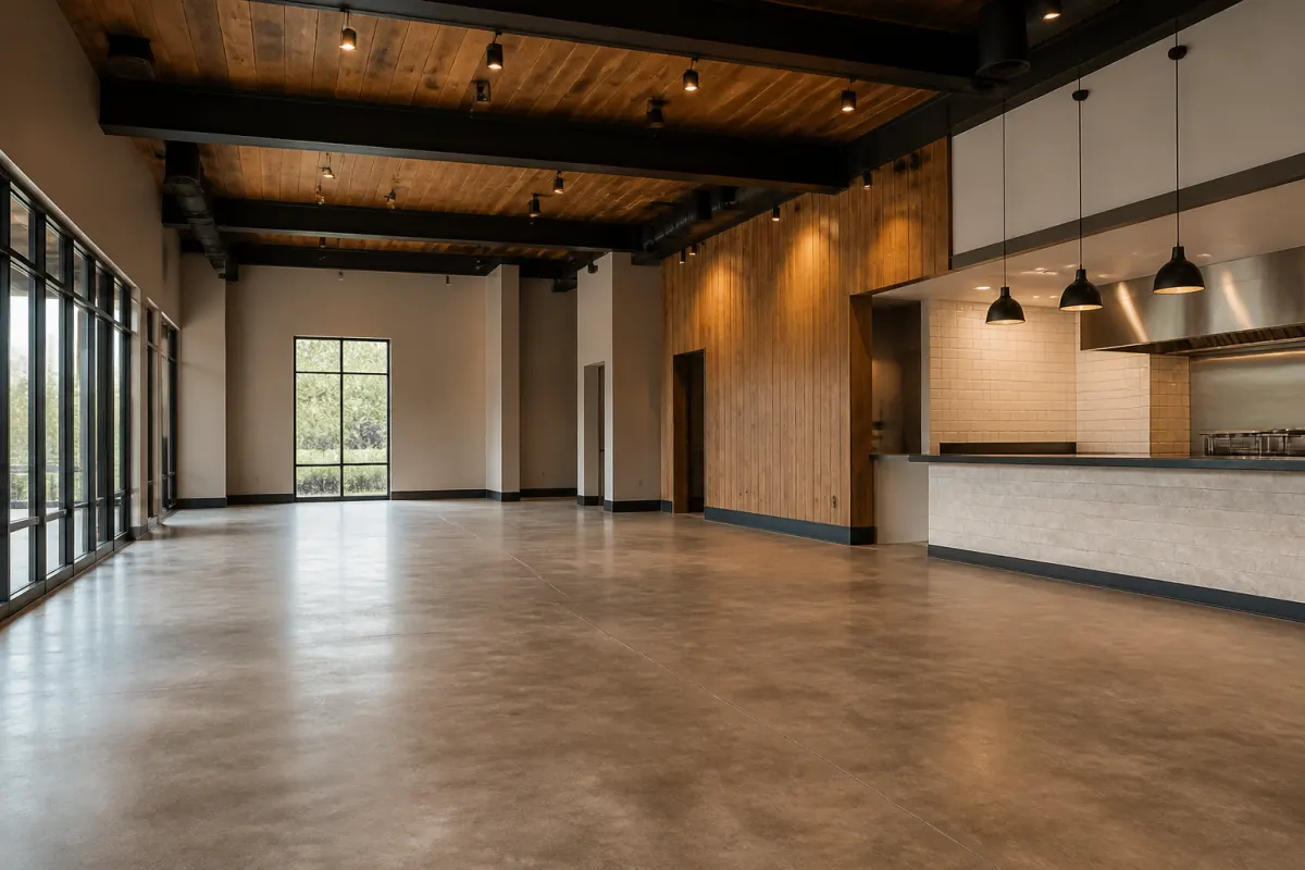 Empty new build restaurant interior awaiting furniture, fresh finishes and clean concrete floor, wide shot