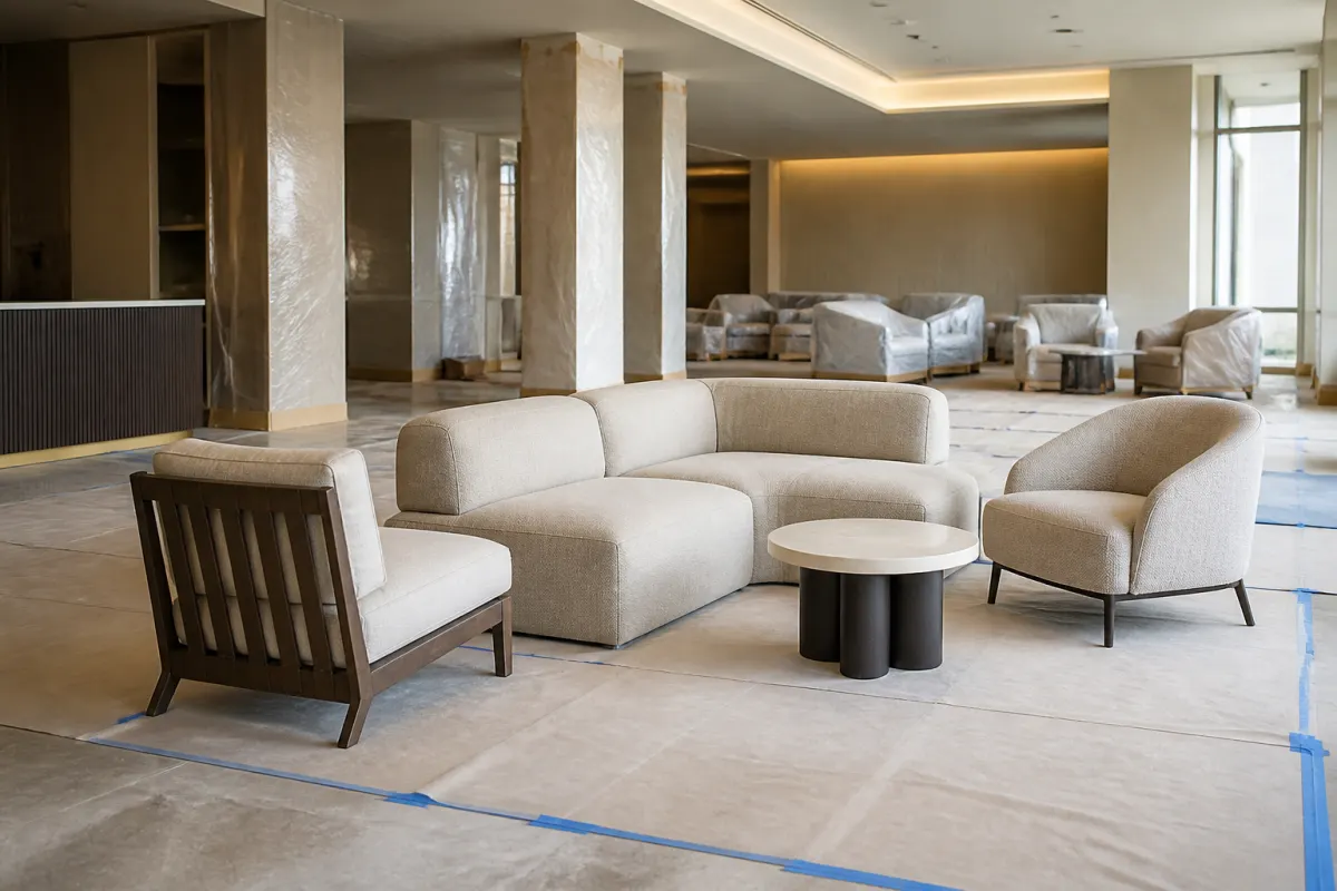 Hotel space mid furniture installation, new seating pieces staged on protective floor covering, orderly and bright