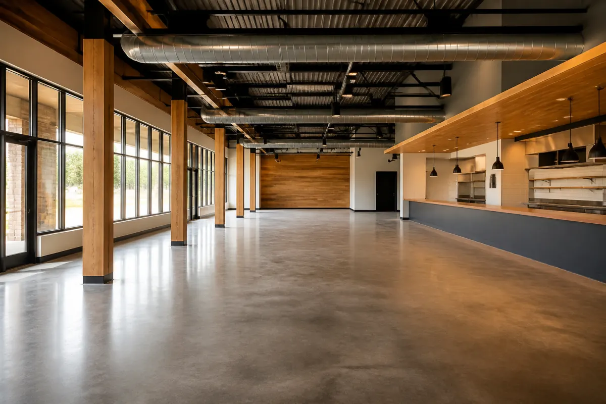 Empty new build restaurant interior awaiting furniture, fresh finishes and clean concrete floor, wide shot