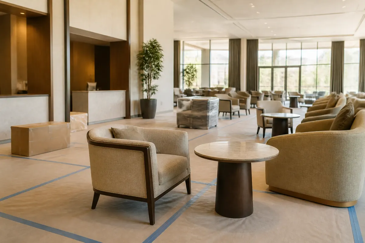 Hotel space mid furniture installation, new seating pieces staged on protective floor covering, orderly and bright