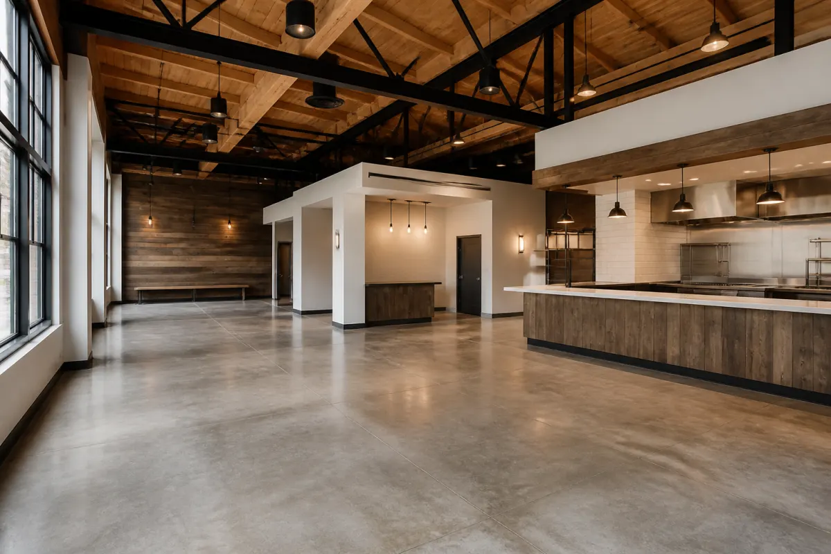 Empty new build restaurant interior awaiting furniture, fresh finishes and clean concrete floor, wide shot