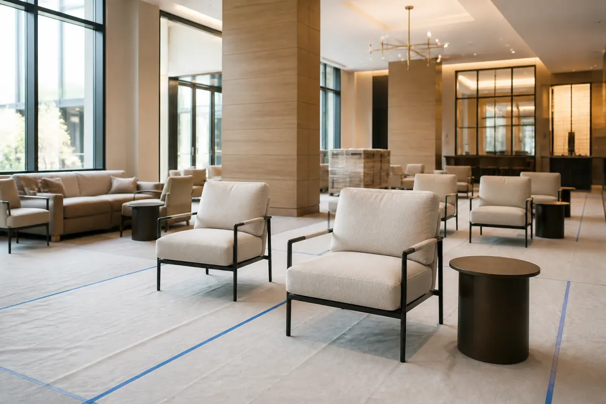Hotel space mid furniture installation, new seating pieces staged on protective floor covering, orderly and bright