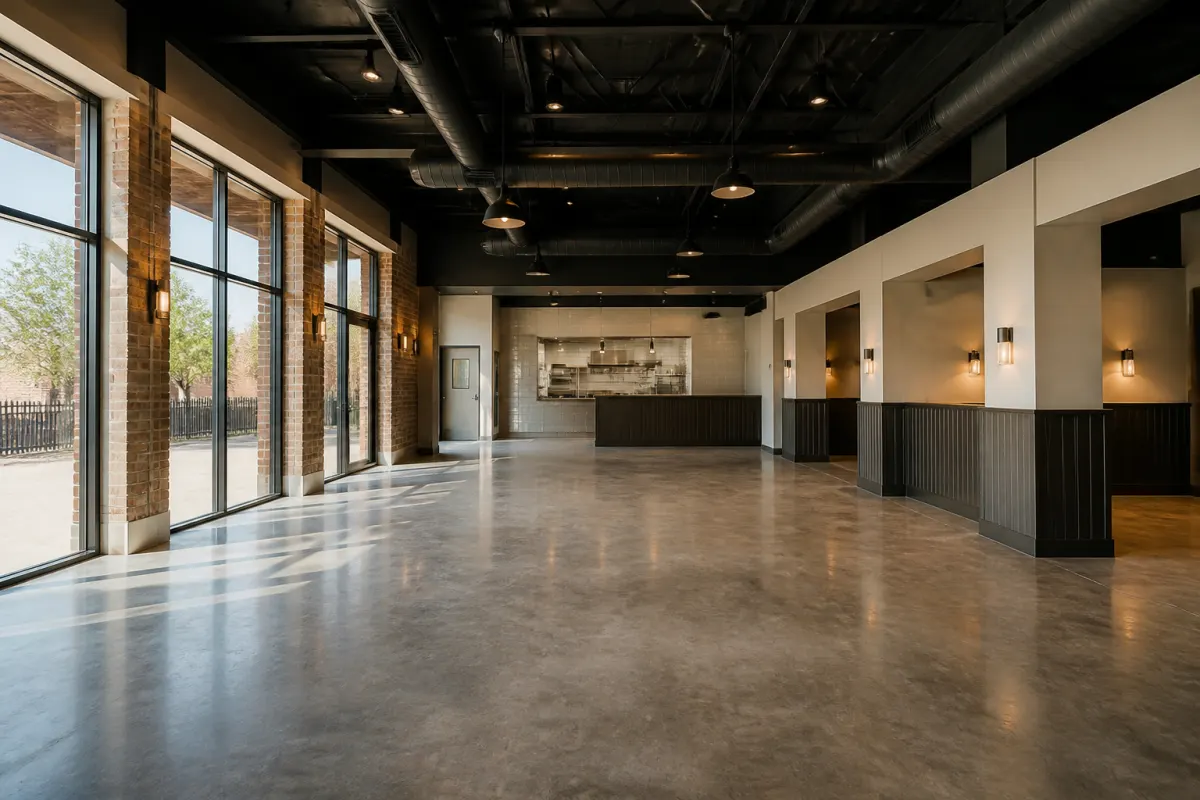 Empty new build restaurant interior awaiting furniture, fresh finishes and clean concrete floor, wide shot