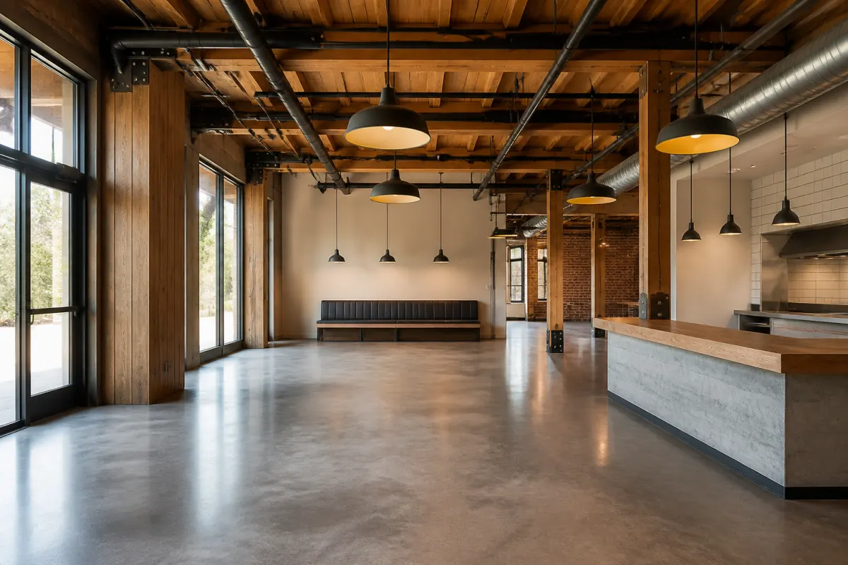 Empty new build restaurant interior awaiting furniture, fresh finishes and clean concrete floor, wide shot