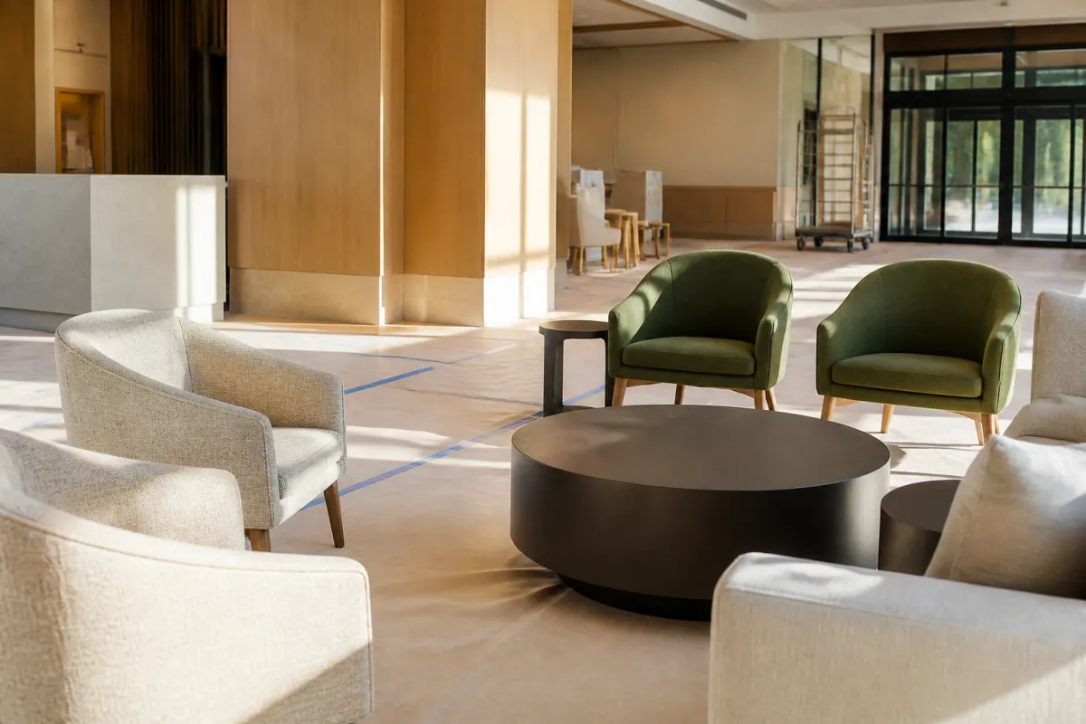 Hotel space mid furniture installation, new seating pieces staged on protective floor covering, orderly and bright