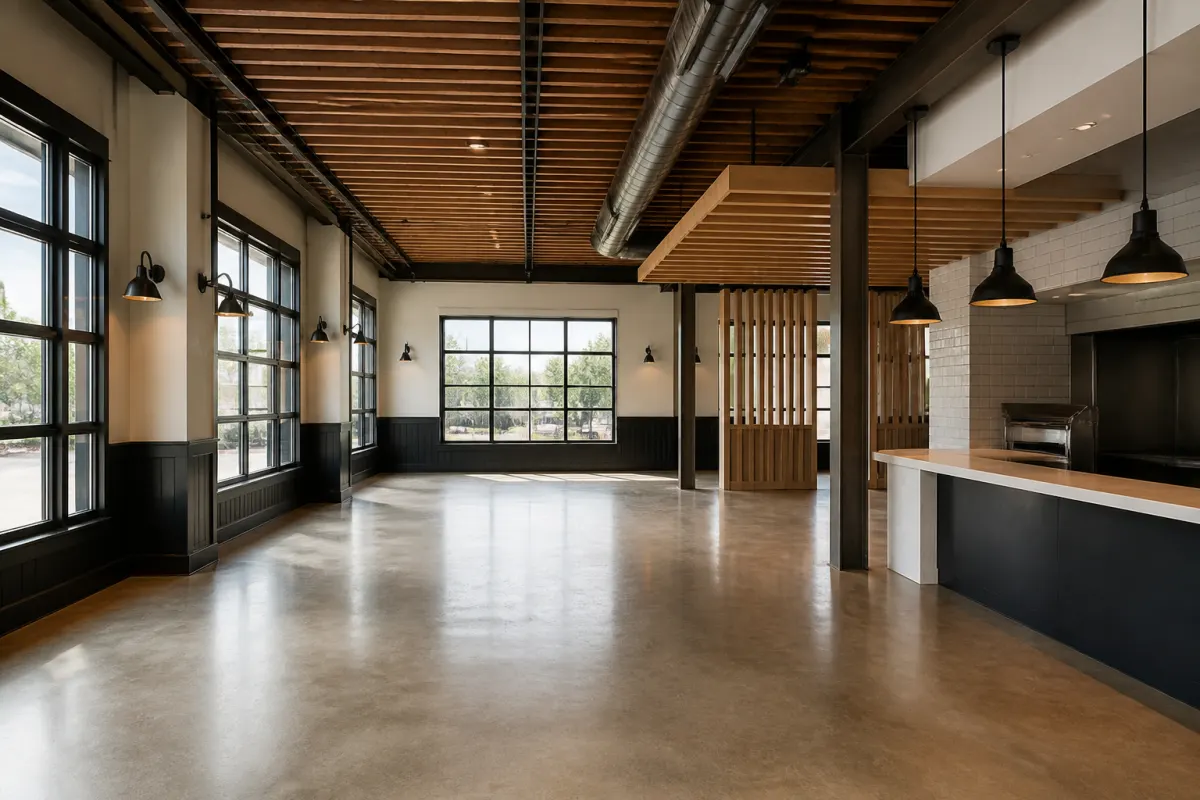 Empty new build restaurant interior awaiting furniture, fresh finishes and clean concrete floor, wide shot