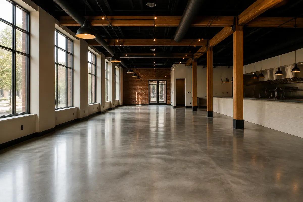 Empty new build restaurant interior awaiting furniture, fresh finishes and clean concrete floor, wide shot