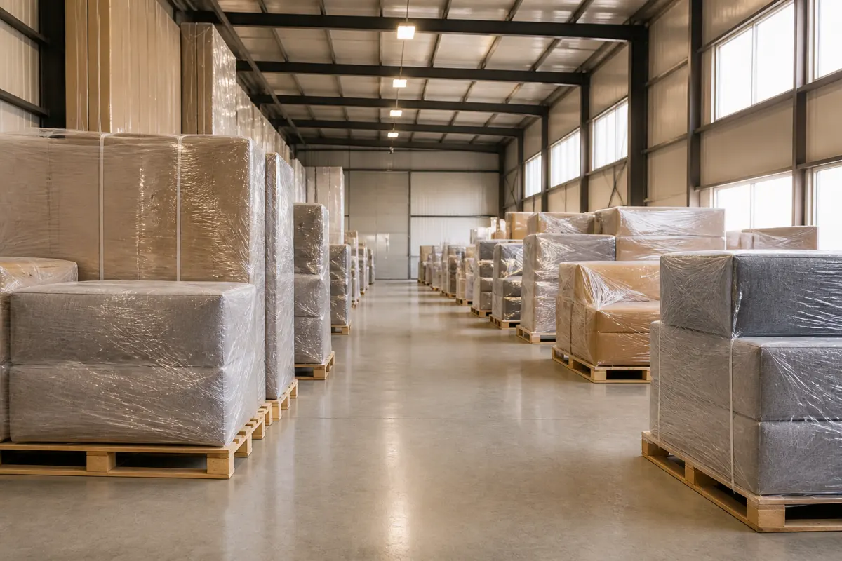 Clean commercial warehouse with shrink wrapped furniture on pallets in orderly rows, bright even light, no readable labels