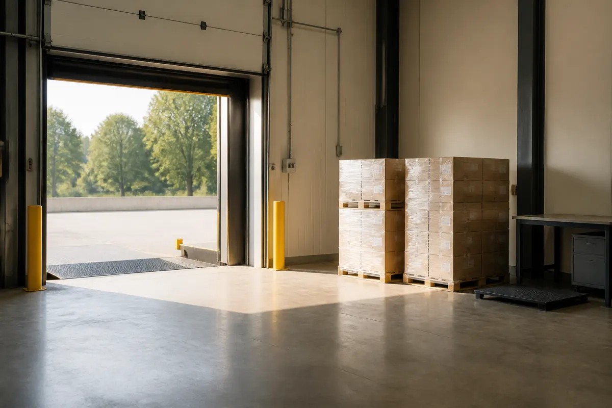 Loading dock of a distribution warehouse with a few wrapped pallets staged neatly by the open bay door