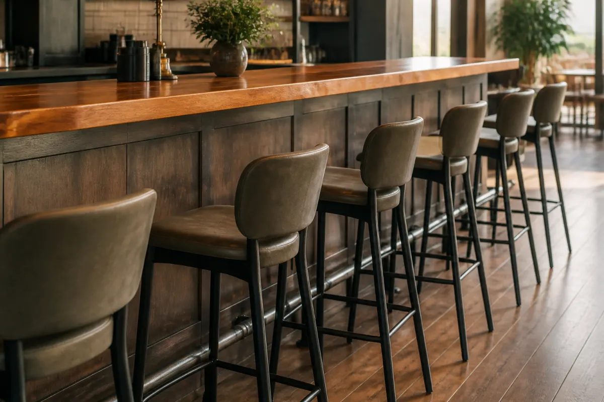 Row of generic commercial barstools at a wood topped bar counter, warm tones, editorial angle