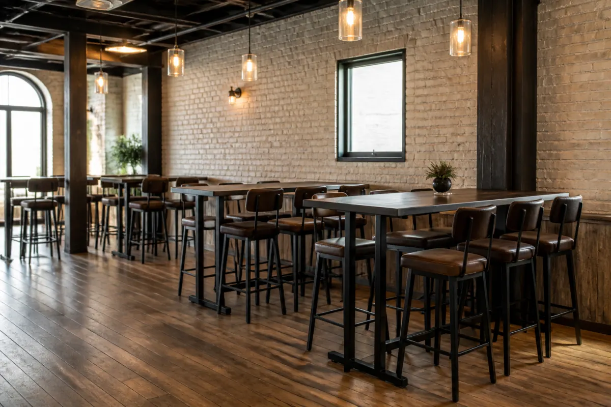High top bar tables with matching stools in a modern tavern interior, seen from across the room