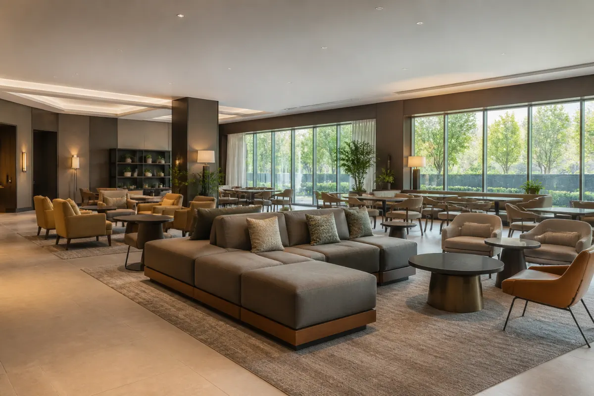Refined hotel lounge furnished with commercial seating groupings, warm professional atmosphere, wide establishing shot