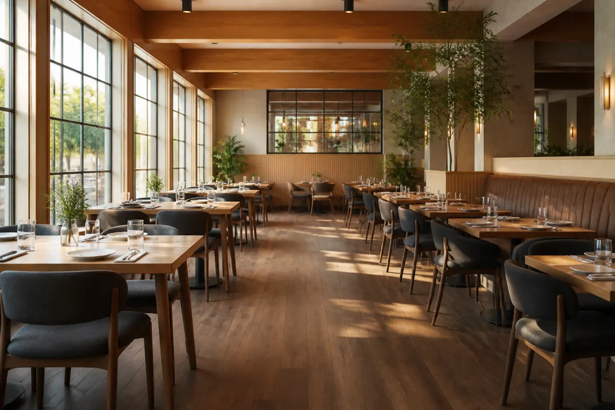 New restaurant dining room freshly furnished with tables and chairs, bright and ready to open