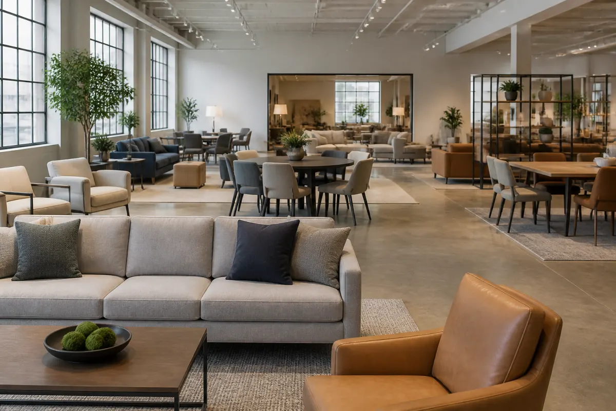 Bright furniture showroom loft with generic commercial chairs, tables, and lounge pieces staged in vignettes