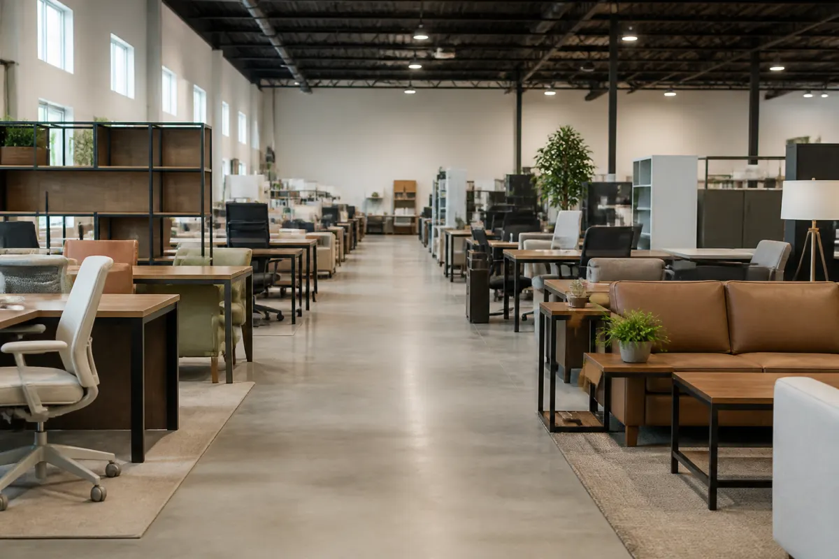 Warehouse showroom aisle with assembled commercial furniture displayed in clean rows, even daylight