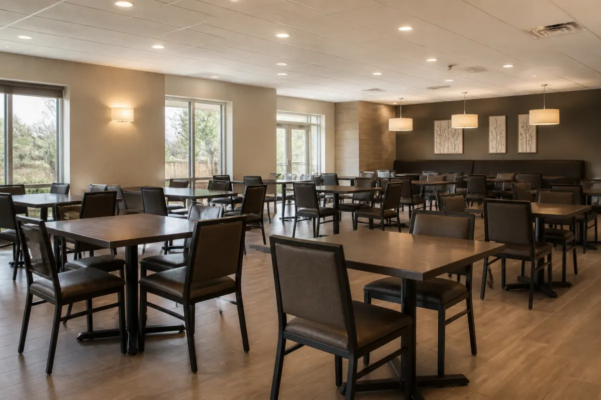 Busy service style dining room reset and empty, rows of durable tables and stacking chairs, commercial finish
