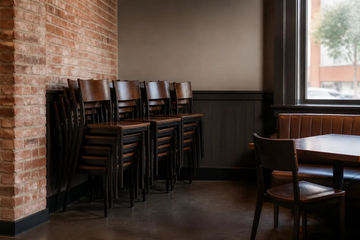 Stacked spare dining chairs staged in a back corner of a restaurant, clean and organized