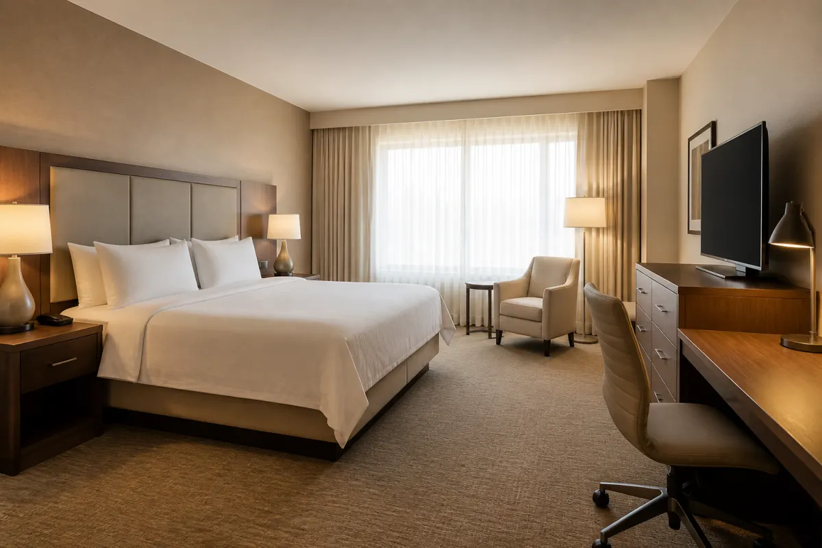 Hotel guest room with a generic upholstered headboard wall, dresser, and desk, warm neutral palette, wide shot