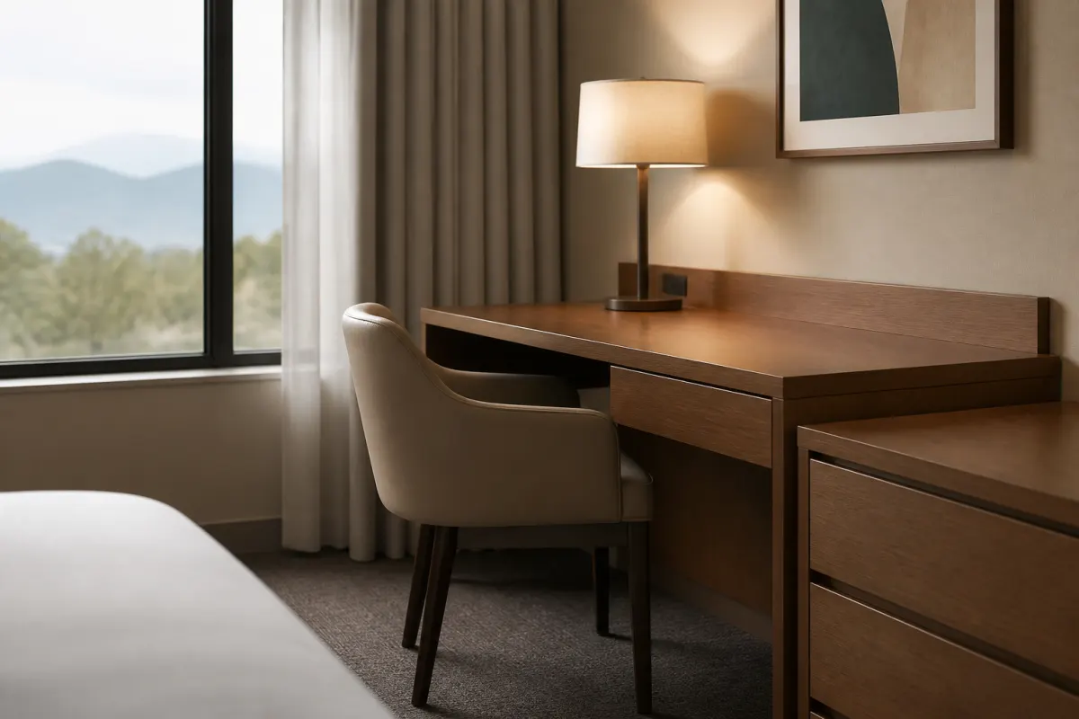Detail angle of a hotel room work desk and chair beside the window, clean unbranded casegoods