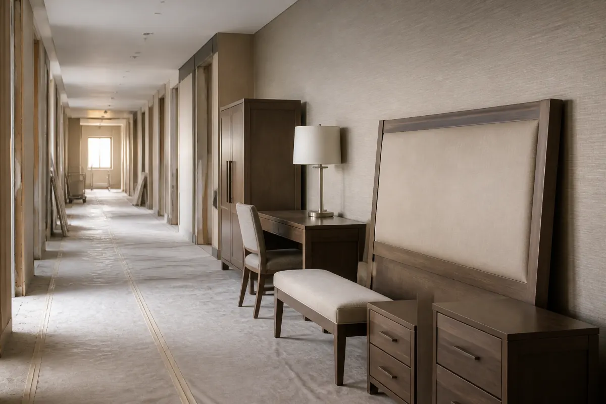 Hotel corridor during a renovation with guest room furniture staged neatly on protective floor covering