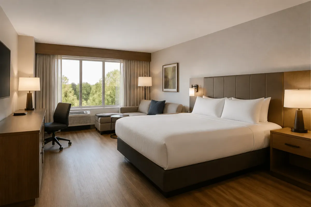 Freshly renovated hotel guest room with new generic casegoods and seating, crisp styling, wide shot
