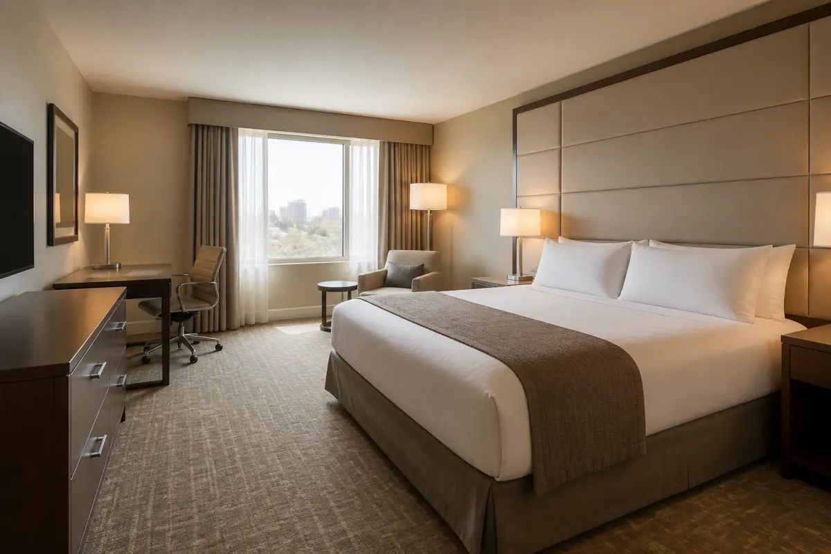 Freshly renovated hotel guest room with new generic casegoods and seating, crisp styling, wide shot