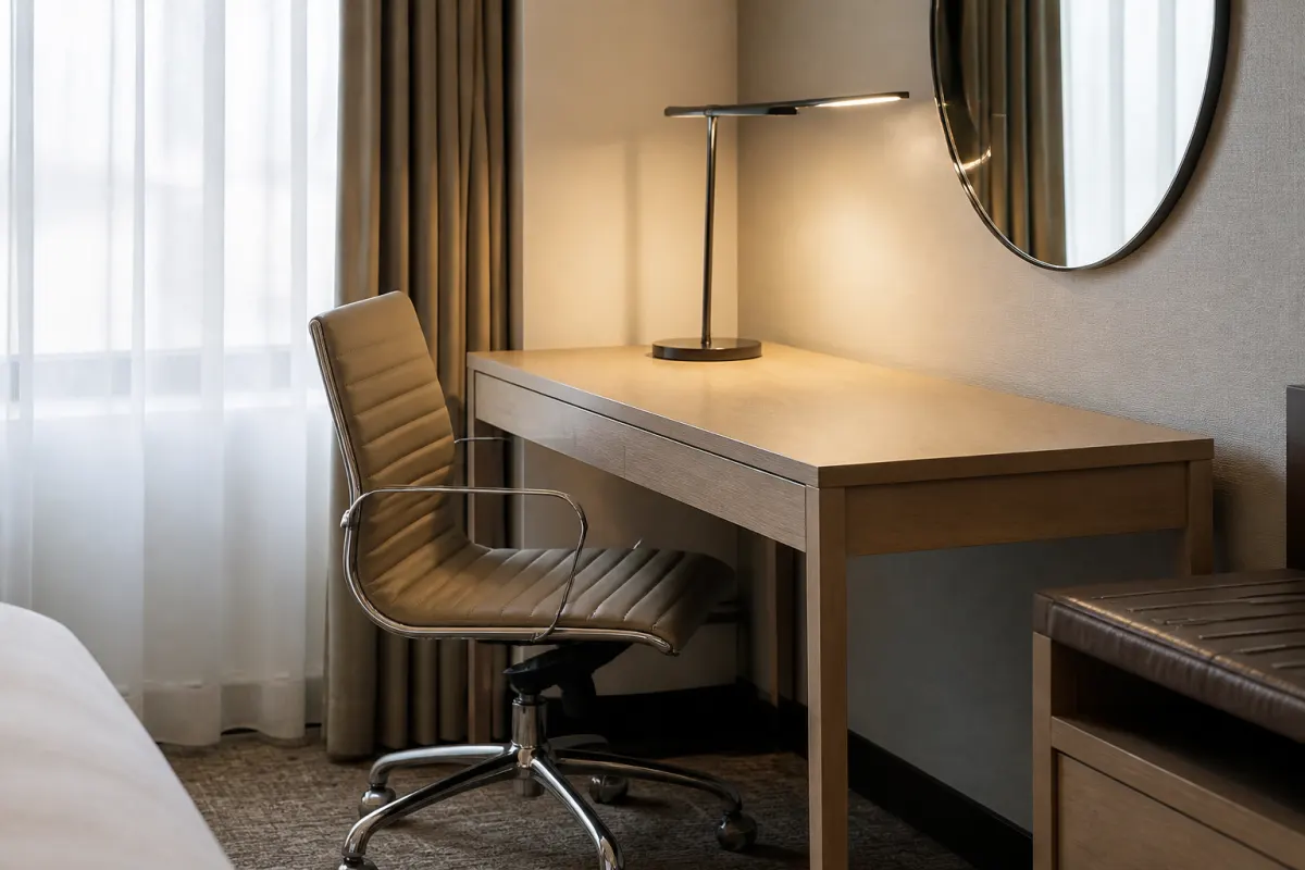 Detail angle of a hotel room work desk and chair beside the window, clean unbranded casegoods