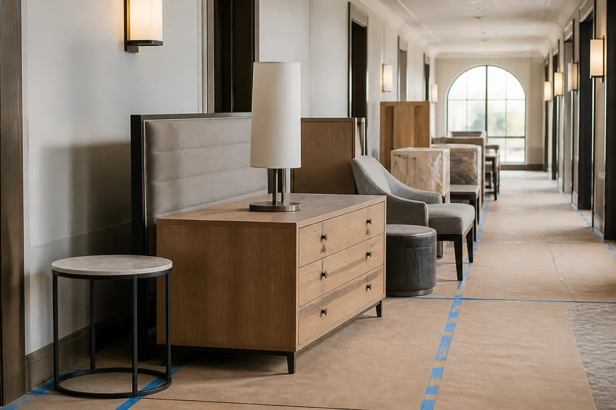 Hotel corridor during a renovation with guest room furniture staged neatly on protective floor covering
