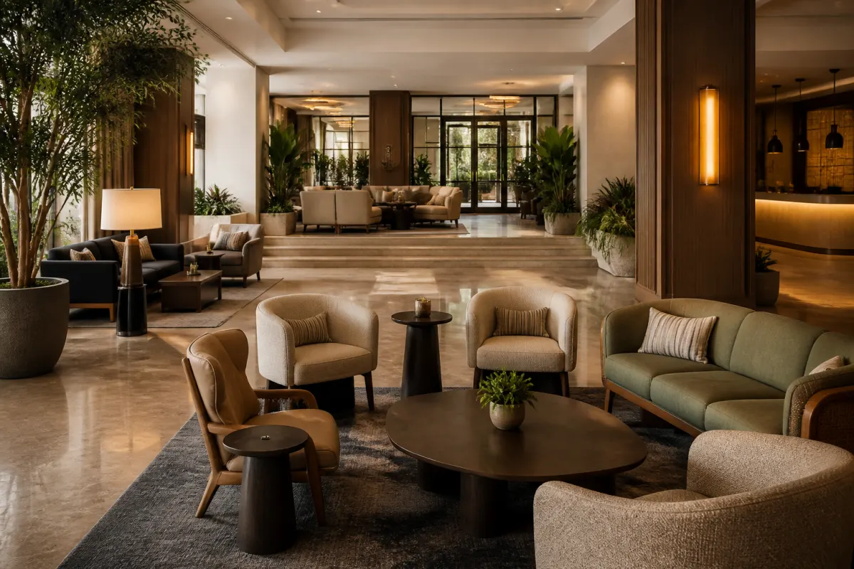 Hotel lobby seating area with leather sofas and lounge chairs arranged around a low table