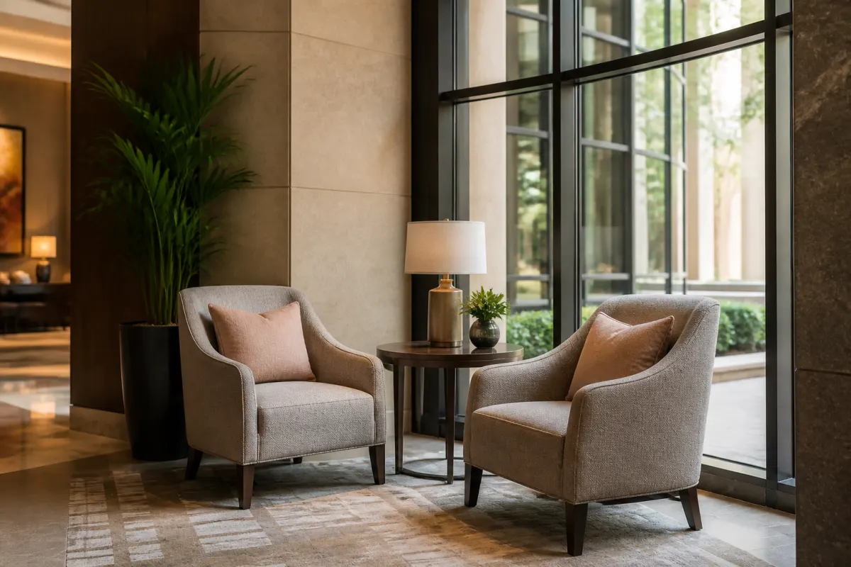 Hotel lobby corner with two armchairs and a side table near tall windows, intimate seating vignette