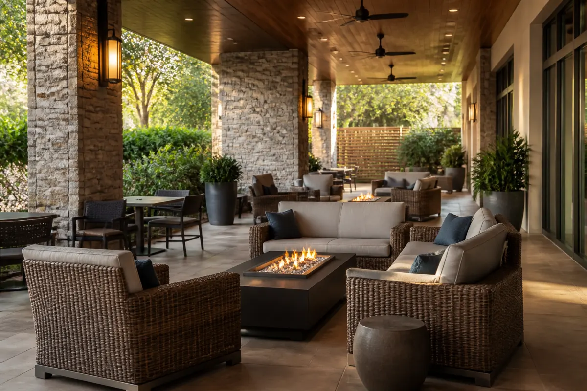 Covered hotel patio with woven look outdoor lounge chairs and sofas arranged around fire tables, wide view